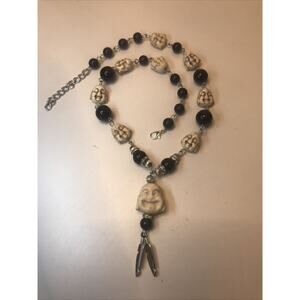 White Happy Buddha Necklace With Onyx Feathers Charm Fashion 12 Inch 337